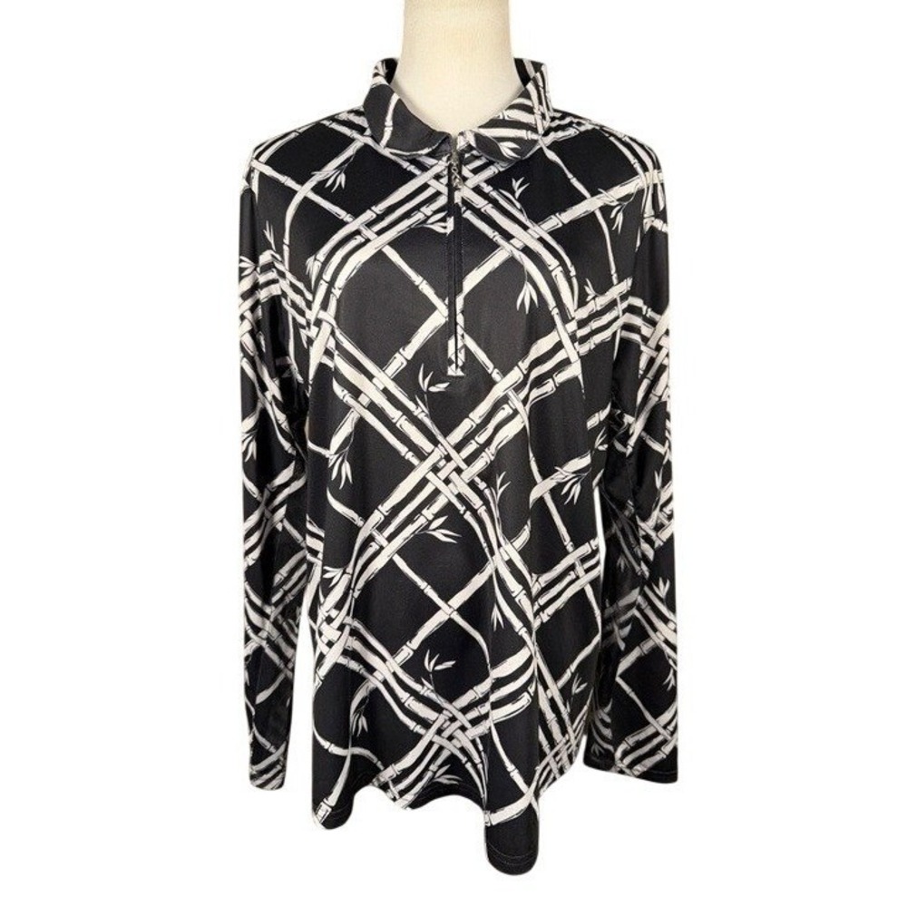 SanSoleil Women XXL Black White Bamboo Print Quarter Zip UPF‎ 50 Performance Top